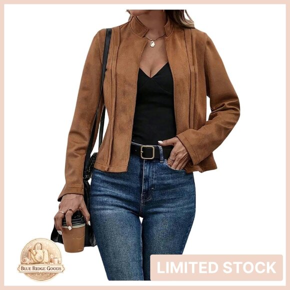 Faux Suede Open Front Cardigan Jacket Long Sleeve Vintage Outerwear Casual